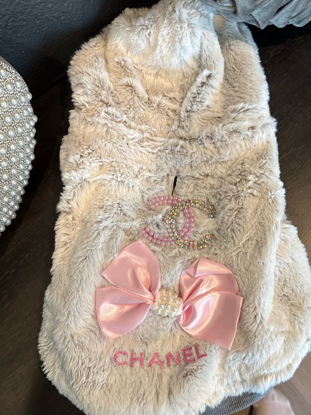 Cream Faux Fur Dog Hoodie with Pink Bow